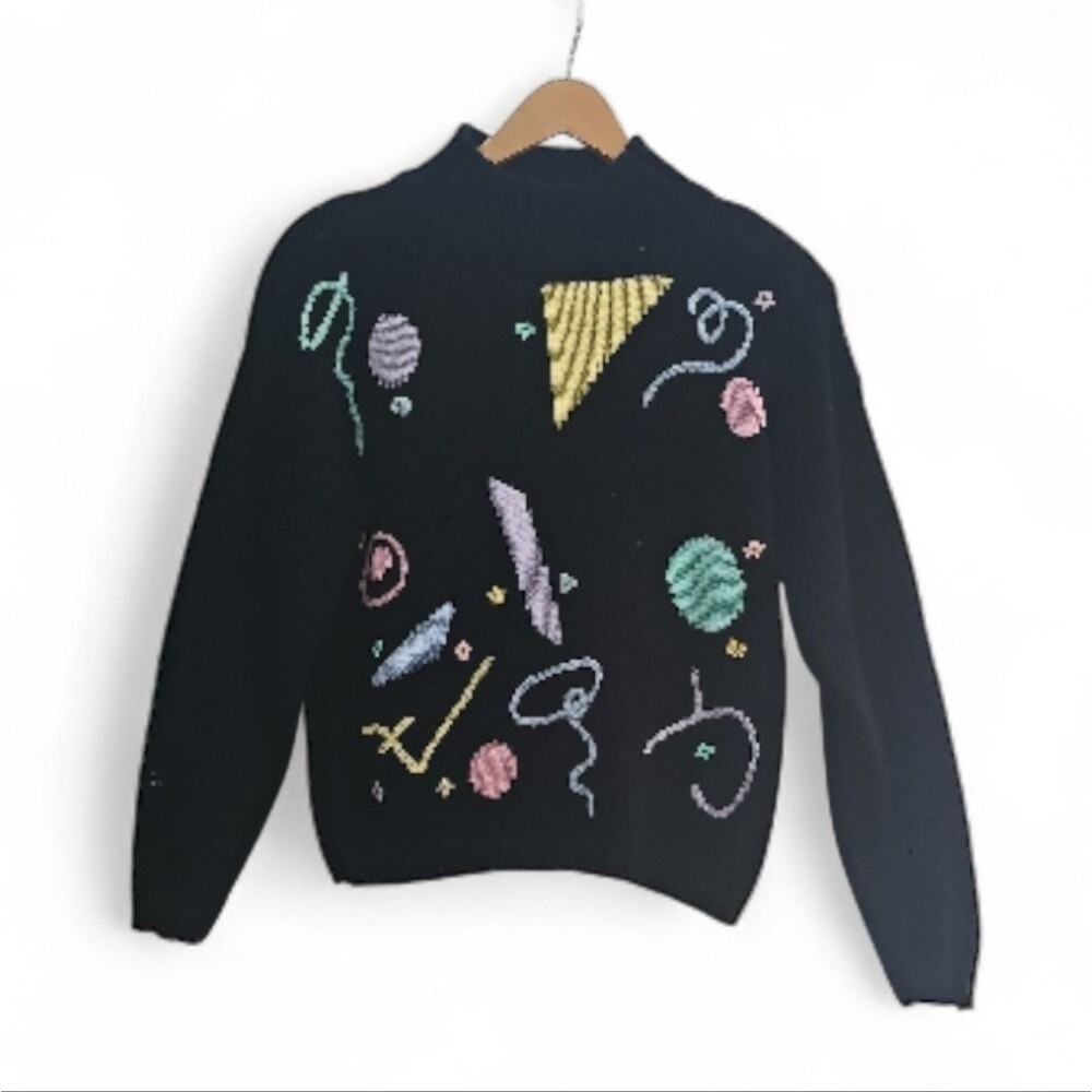 Vintage 80s Jamie Scott Sweater Women’s M Black Pastel Geometric Novelty Quirky